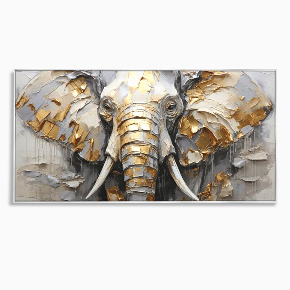 Tablou canvas cu tablou canvas cu cap de elefant in relief si insertii aurii, in rama de aluminiu argintiu